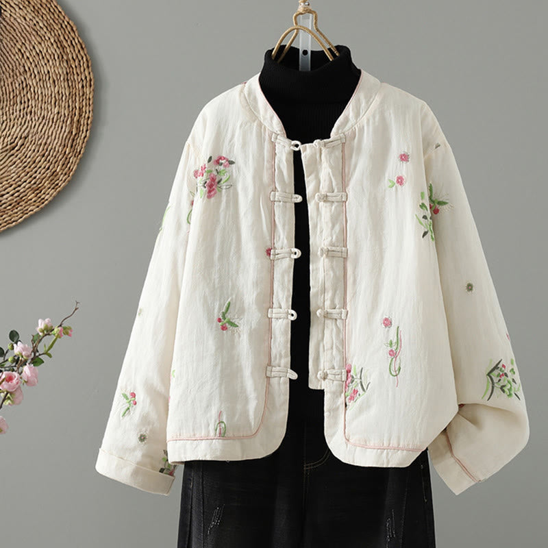 Veste matelassée en coton à manches longues et poches pour femme, broderie de fleurs et Buddha Stones - Ivoire - US8-10，UK/AU12-14，EU40-42 (2XL) - image 1