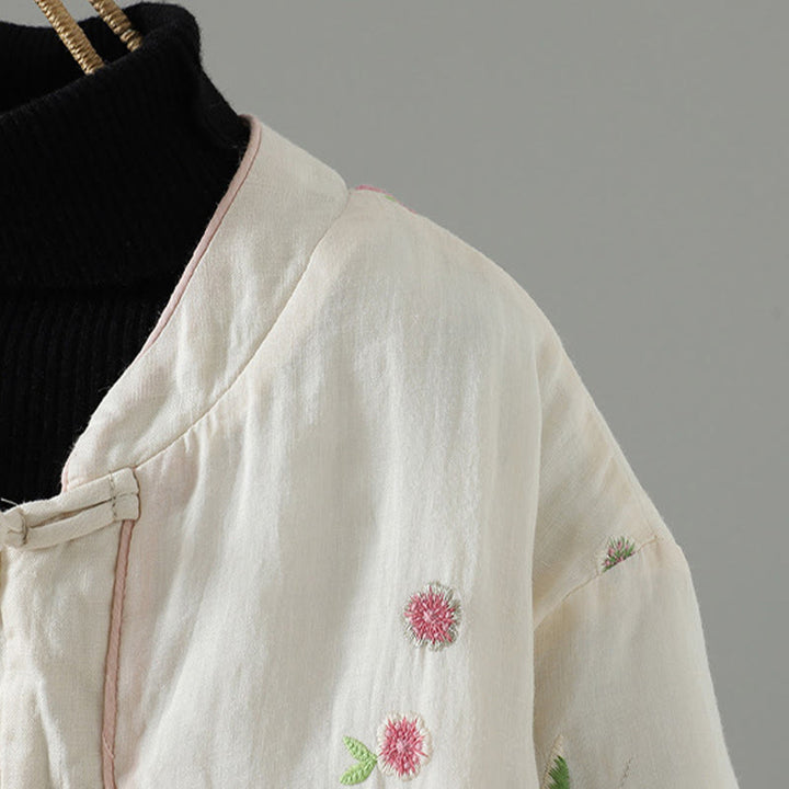 Veste matelassée en coton à manches longues et poches pour femme, broderie de fleurs et Buddha Stones - image 5