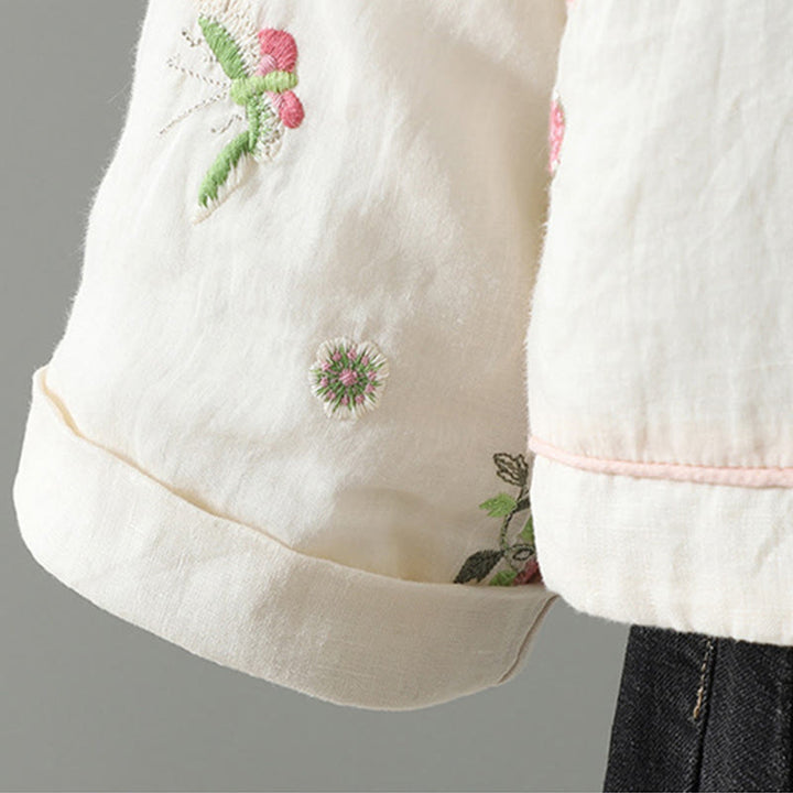 Veste matelassée en coton à manches longues et poches pour femme, broderie de fleurs et Buddha Stones - image 9