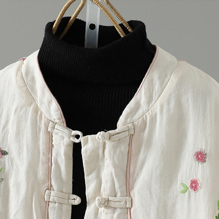 Veste matelassée en coton à manches longues et poches pour femme, broderie de fleurs et Buddha Stones - image 3