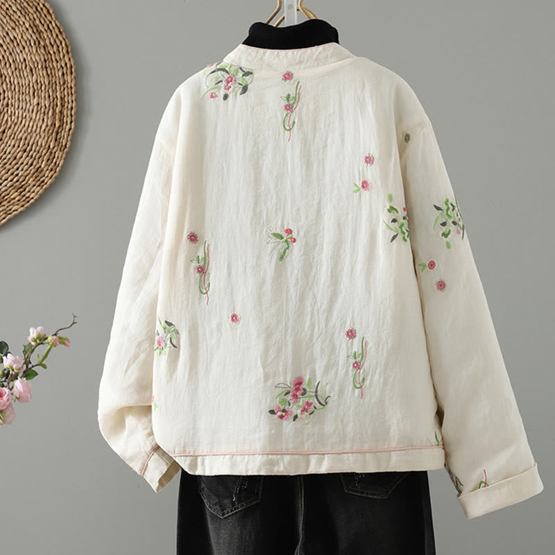 Veste matelassée en coton à manches longues et poches pour femme, broderie de fleurs et Buddha Stones - image 2