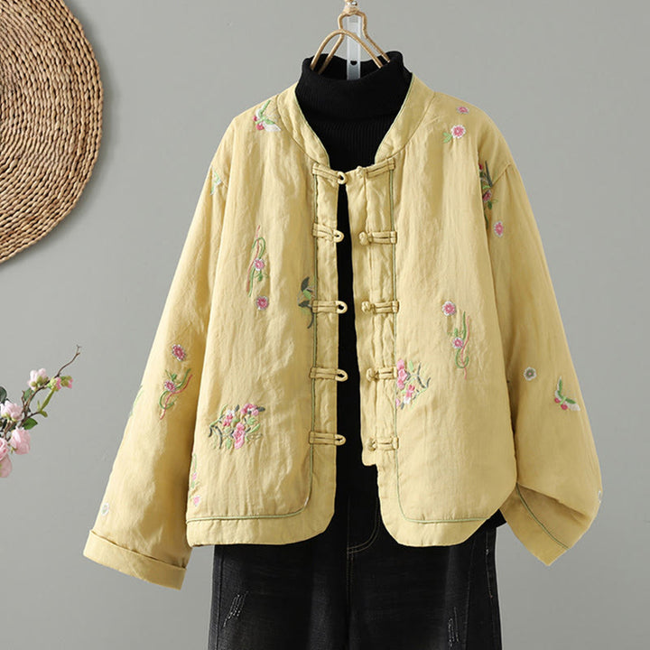Veste matelassée en coton à manches longues et poches pour femme, broderie de fleurs et Buddha Stones - Kaki - US8-10，UK/AU12-14，EU40-42 (2XL) - image 12