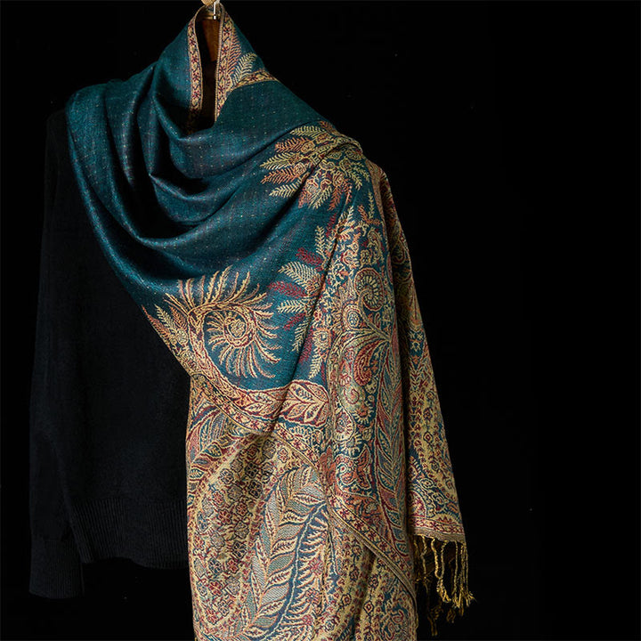 Écharpe douce à pompons avec motifs de fleurs et de longues feuilles de Buddha Stones - CadetBlue - 175 x 70 cm - image 0