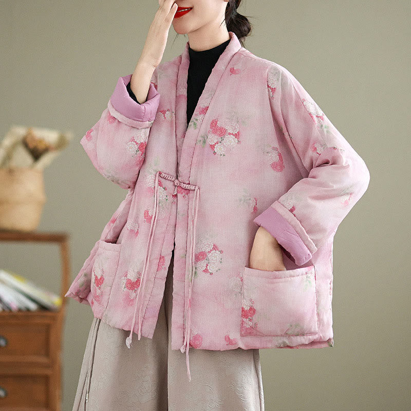 Veste matelassée en coton à manches longues et poches pour femme, motif fleurs et Buddha Stones - image 1