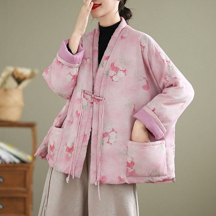 Veste matelassée en coton à manches longues et poches pour femme, motif fleurs et Buddha Stones - image 1