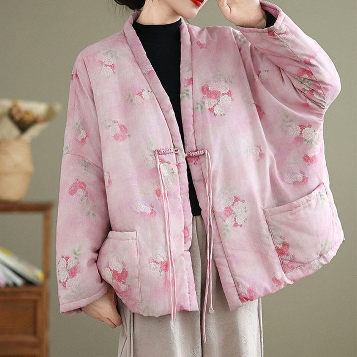 Veste matelassée en coton à manches longues et poches pour femme, motif fleurs et Buddha Stones - image 3