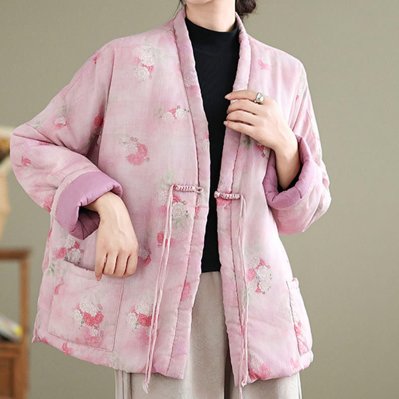 Veste matelassée en coton à manches longues et poches pour femme, motif fleurs et Buddha Stones - Rose - US12，UK/AU16，EU44 (XL) - image 0