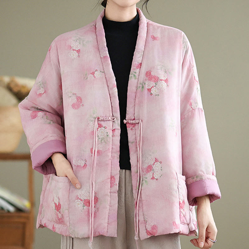 Veste matelassée en coton à manches longues et poches pour femme, motif fleurs et Buddha Stones - image 4