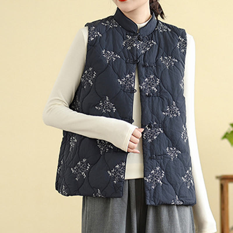 Gilet sans manches en coton avec poches et boutons-grenouille brodés de Buddha Stones pour femme - image 1