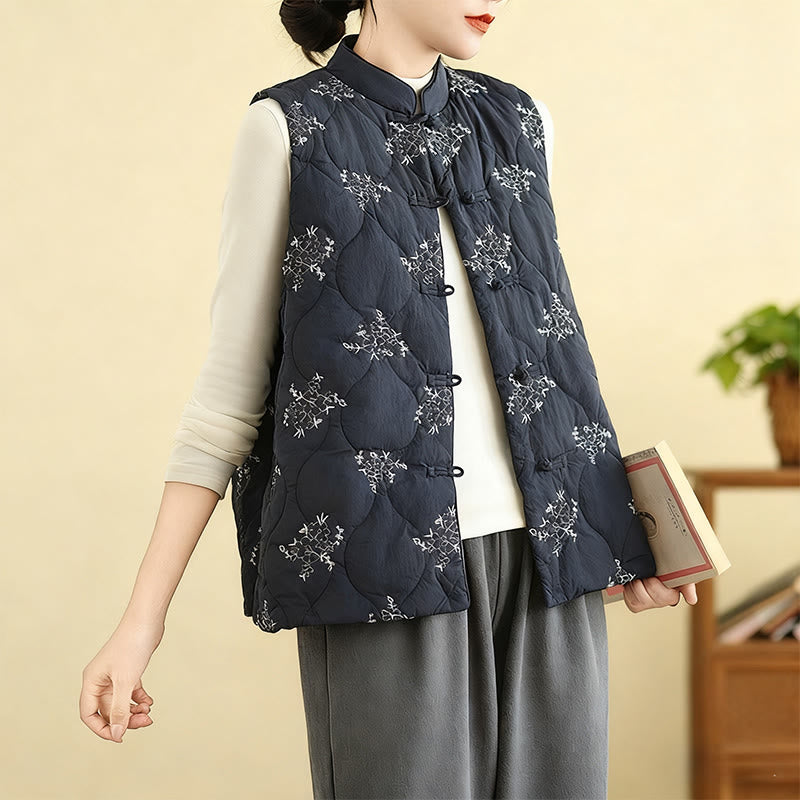 Gilet sans manches en coton avec poches et boutons-grenouille brodés de Buddha Stones pour femme - image 2