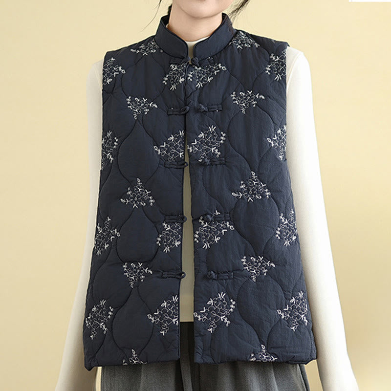 Gilet sans manches en coton avec poches et boutons-grenouille brodés de Buddha Stones pour femme - image 8