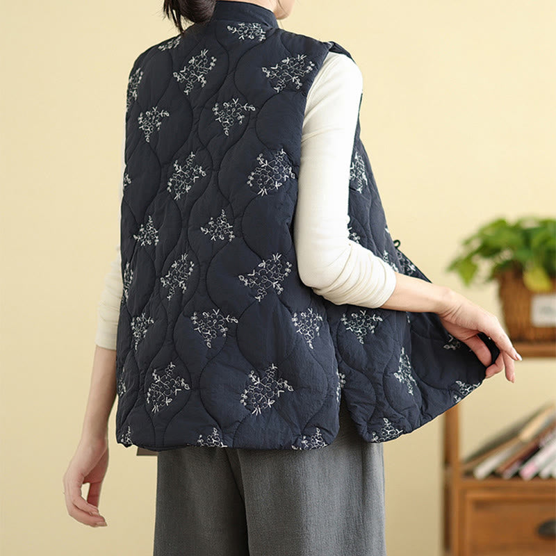 Gilet sans manches en coton avec poches et boutons-grenouille brodés de Buddha Stones pour femme - image 4