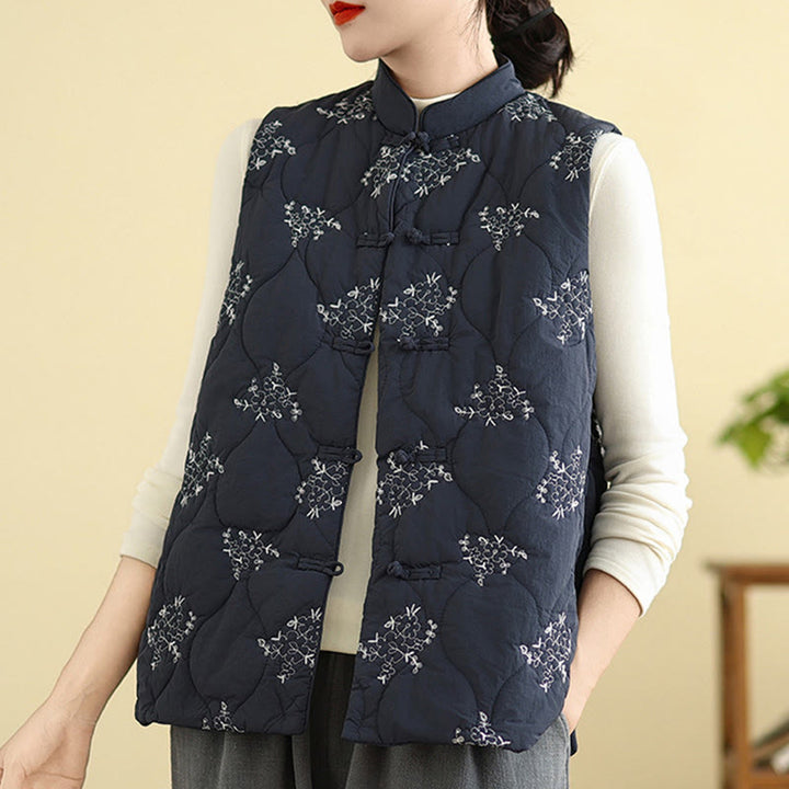 Gilet sans manches en coton avec poches et boutons-grenouille brodés de Buddha Stones pour femme - image 3