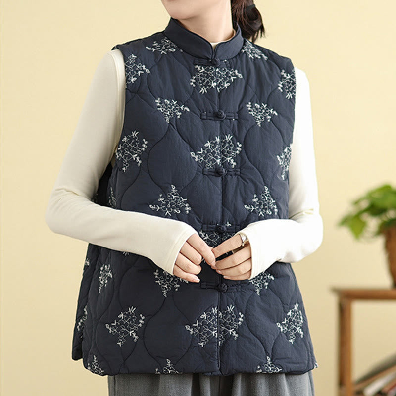 Gilet sans manches en coton avec poches et boutons-grenouille brodés de Buddha Stones pour femme - Bleu nuit - US8-10，UK/AU12-14，EU40-42 (2XL) - image 0