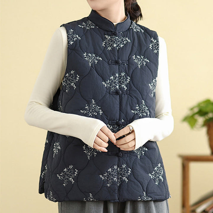 Gilet sans manches en coton avec poches et boutons-grenouille brodés de Buddha Stones pour femme - Bleu nuit - US8-10，UK/AU12-14，EU40-42 (2XL) - image 0