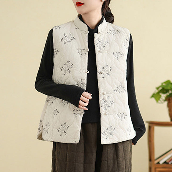Gilet sans manches en coton avec poches et boutons-grenouille brodés de Buddha Stones pour femme - image 11