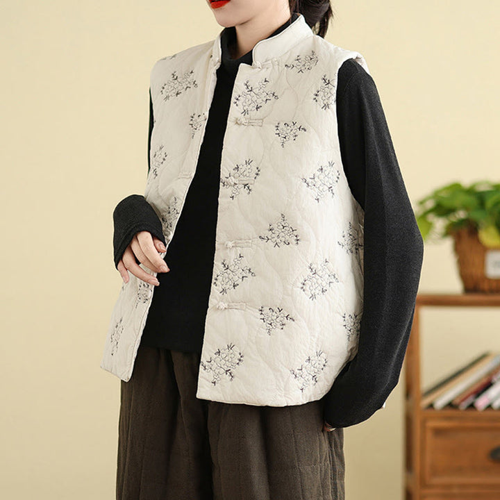 Gilet sans manches en coton avec poches et boutons-grenouille brodés de Buddha Stones pour femme - image 13