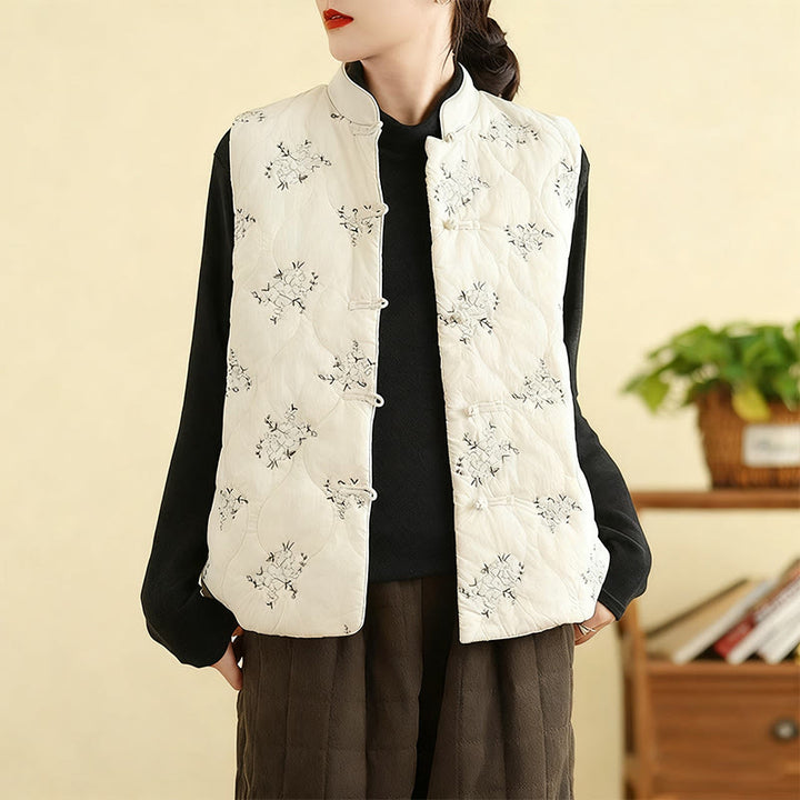 Gilet sans manches en coton avec poches et boutons-grenouille brodés de Buddha Stones pour femme - Ivoire - US8-10，UK/AU12-14，EU40-42 (2XL) - image 10