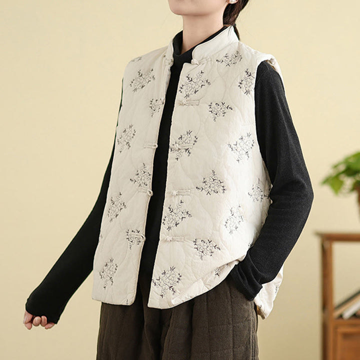 Gilet sans manches en coton avec poches et boutons-grenouille brodés de Buddha Stones pour femme - image 12