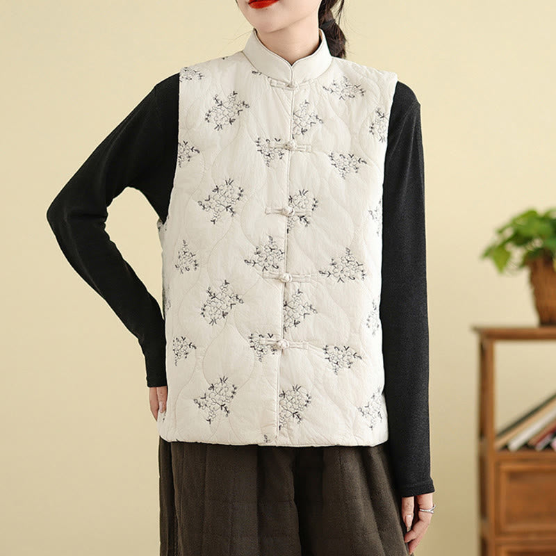 Gilet sans manches en coton avec poches et boutons-grenouille brodés de Buddha Stones pour femme - image 14