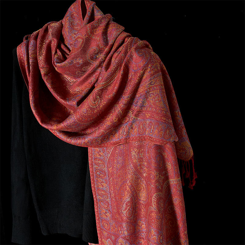 Écharpe châle douillette à pompons et rayures en forme de fleur de cajou de printemps Buddha Stones - Rouge indien - 178*70cm - image 0
