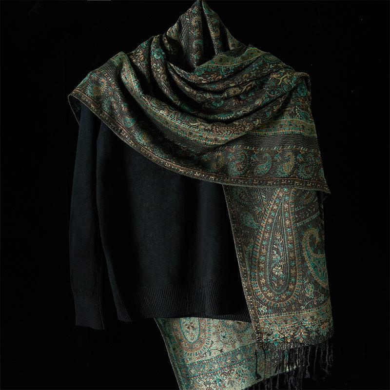 Écharpe-châle douillette à pompons, motif floral de noix de cajou vert printemps, rayures géométriques et Buddha Stones - image 1