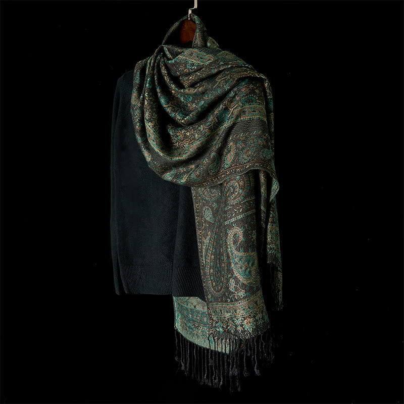 Écharpe-châle douillette à pompons, motif floral de noix de cajou vert printemps, rayures géométriques et Buddha Stones - image 2