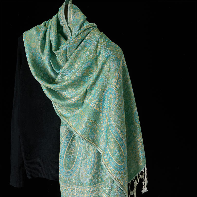 Écharpe-châle douillette à pompons, motif floral de noix de cajou vert printemps, rayures géométriques et Buddha Stones - Vert clair - 170*70cm - image 6