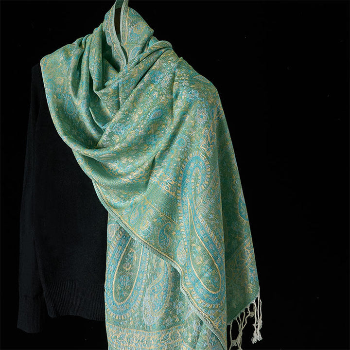 Écharpe-châle douillette à pompons, motif floral de noix de cajou vert printemps, rayures géométriques et Buddha Stones - Vert clair - 170*70cm - image 6