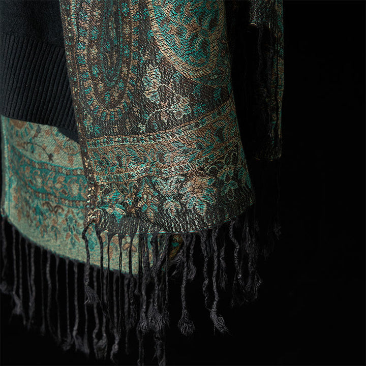Écharpe-châle douillette à pompons, motif floral de noix de cajou vert printemps, rayures géométriques et Buddha Stones - image 5