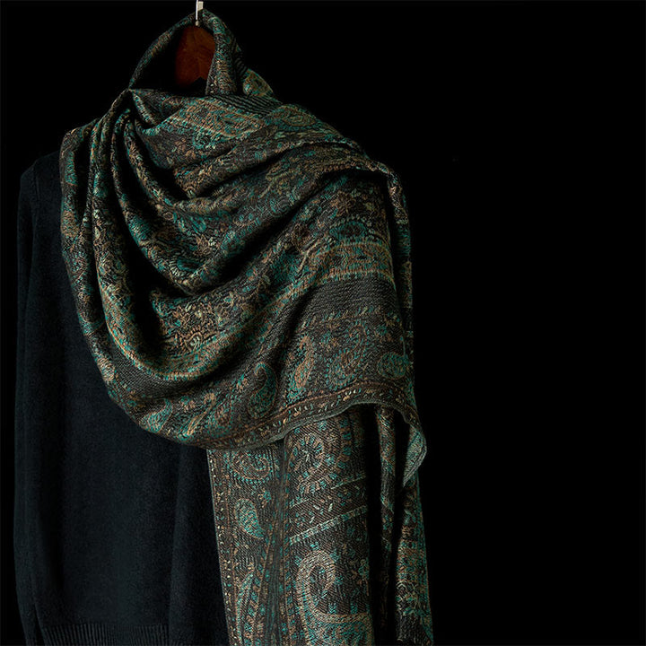 Écharpe-châle douillette à pompons, motif floral de noix de cajou vert printemps, rayures géométriques et Buddha Stones - Sarcelle - 170*70cm - image 0