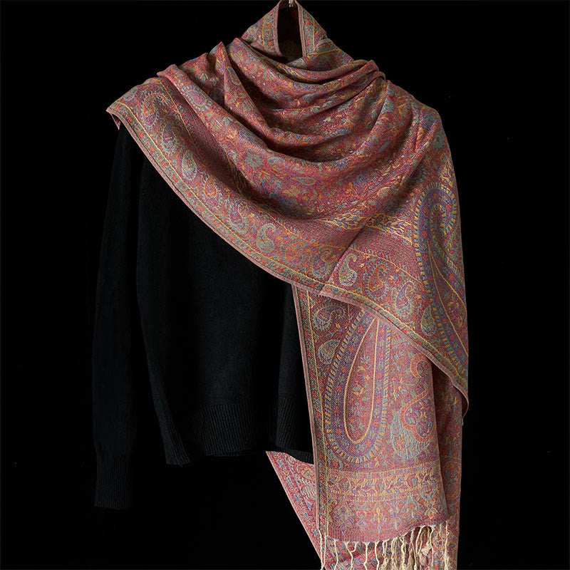 Écharpe confortable à pompons avec motif géométrique à rayures et fleurs de cajou rouges et roses de printemps - image 6