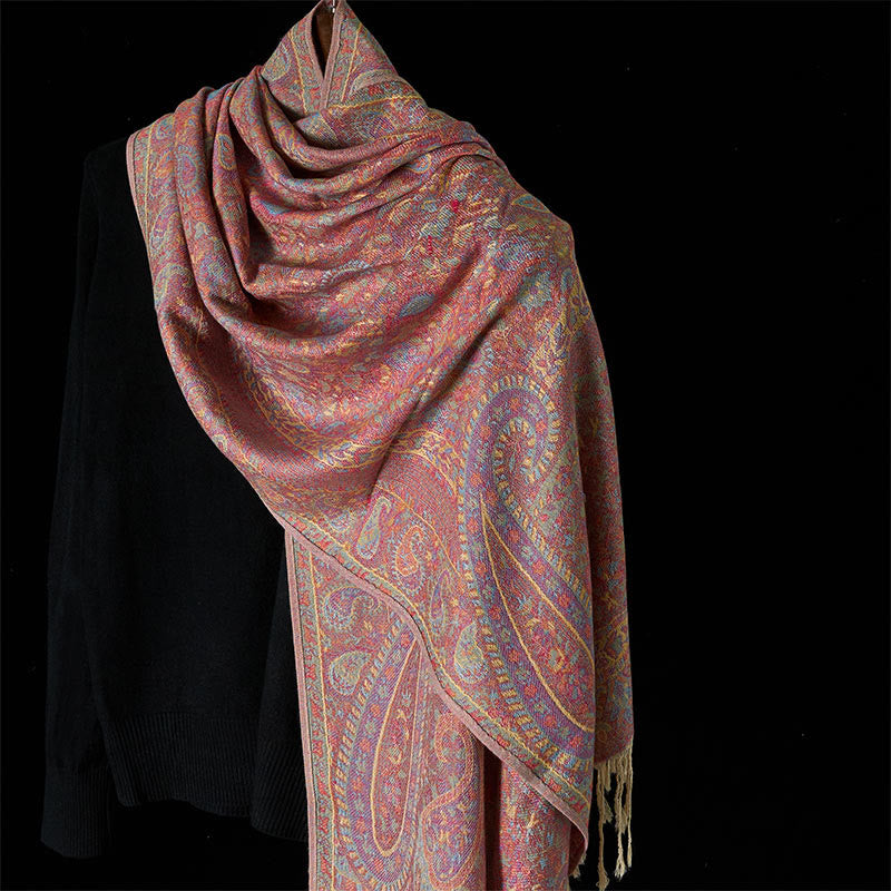 Écharpe confortable à pompons avec motif géométrique à rayures et fleurs de cajou rouges et roses de printemps - Rose clair - 170*70cm - image 5