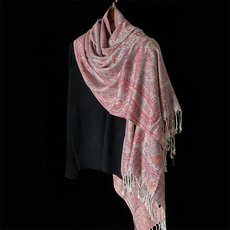 Écharpe confortable à pompons avec motif géométrique à rayures et pompons, motif Buddha Stones Spring, rose clair, beige, fleur de cajou - image 2