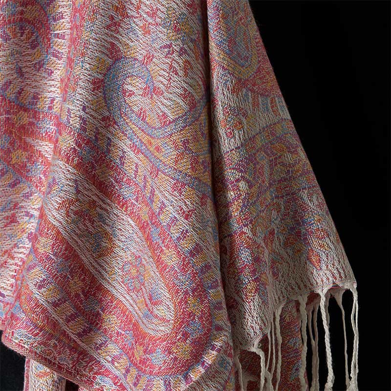 Écharpe confortable à pompons avec motif géométrique à rayures et pompons, motif Buddha Stones Spring, rose clair, beige, fleur de cajou - image 4
