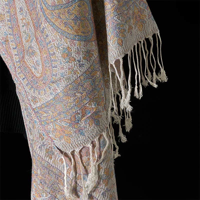 Écharpe confortable à pompons avec motif géométrique à rayures et pompons, motif Buddha Stones Spring, rose clair, beige, fleur de cajou - image 11