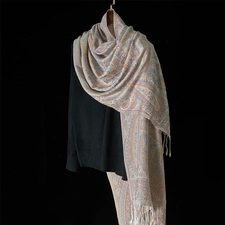 Écharpe confortable à pompons avec motif géométrique à rayures et pompons, motif Buddha Stones Spring, rose clair, beige, fleur de cajou - image 8