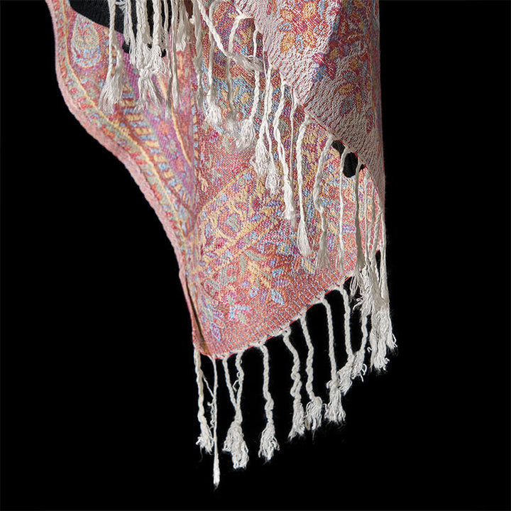 Écharpe confortable à pompons avec motif géométrique à rayures et pompons, motif Buddha Stones Spring, rose clair, beige, fleur de cajou - image 5