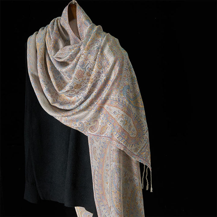 Écharpe confortable à pompons avec motif géométrique à rayures et pompons, motif Buddha Stones Spring, rose clair, beige, fleur de cajou - Beige - 170*70cm - image 6