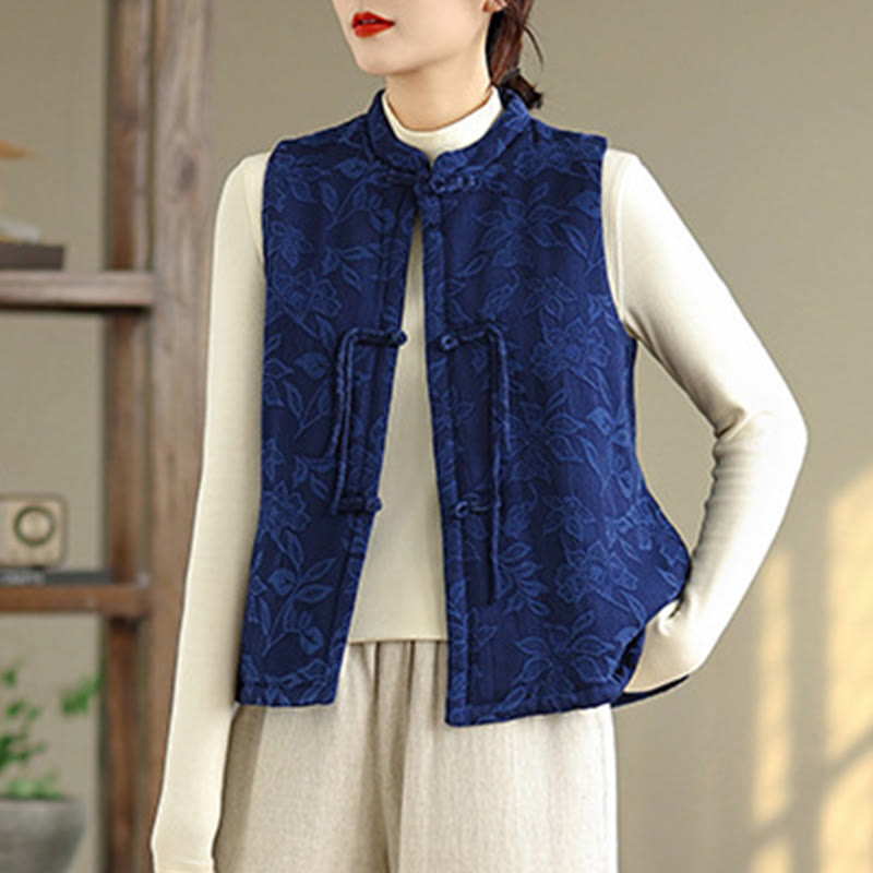 Gilet sans manches en coton avec poches et motif jacquard de Buddha Stones pour femme, boutons grenouille - image 2