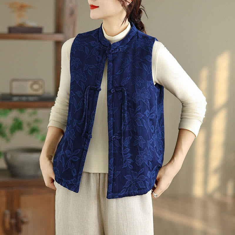 Gilet sans manches en coton avec poches et motif jacquard de Buddha Stones pour femme, boutons grenouille - Bleu moyen - US8-10，UK/AU12-14，EU40-42 (2XL) - image 0