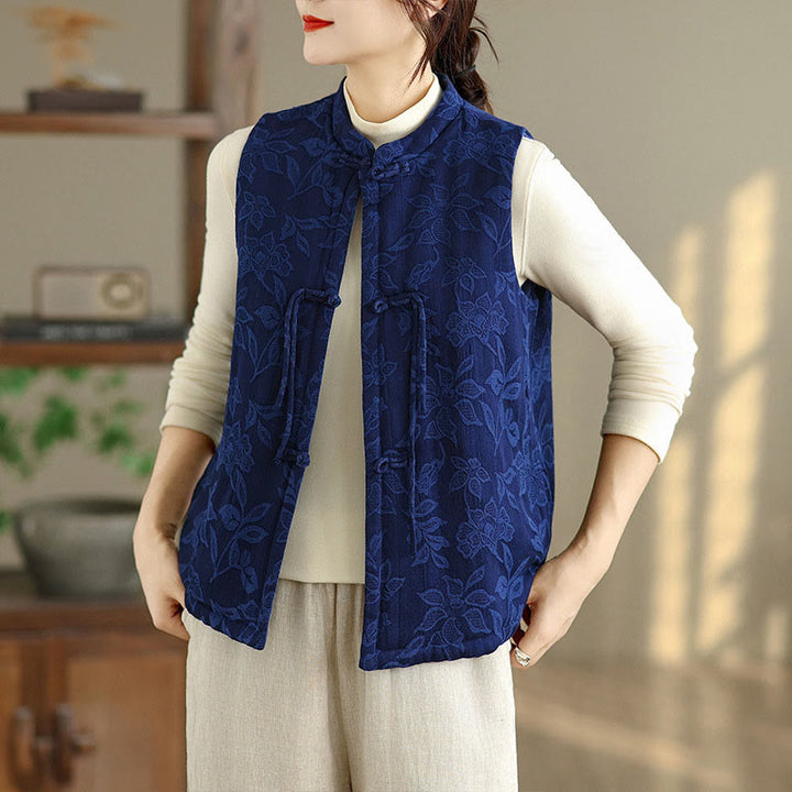 Gilet sans manches en coton avec poches et motif jacquard de Buddha Stones pour femme, boutons grenouille - Bleu moyen - US8-10，UK/AU12-14，EU40-42 (2XL) - image 0