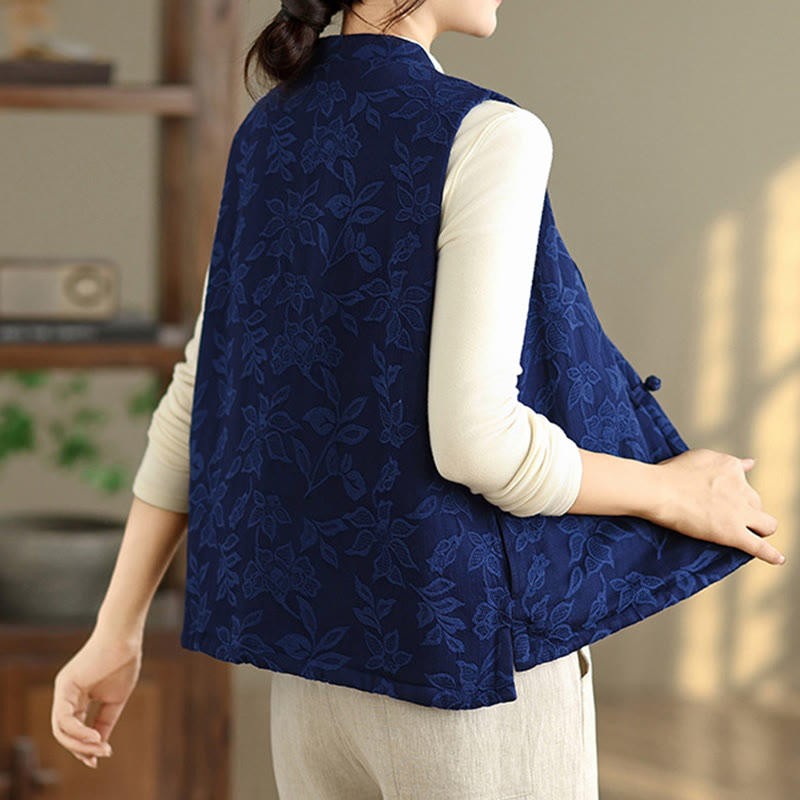 Gilet sans manches en coton avec poches et motif jacquard de Buddha Stones pour femme, boutons grenouille - image 5