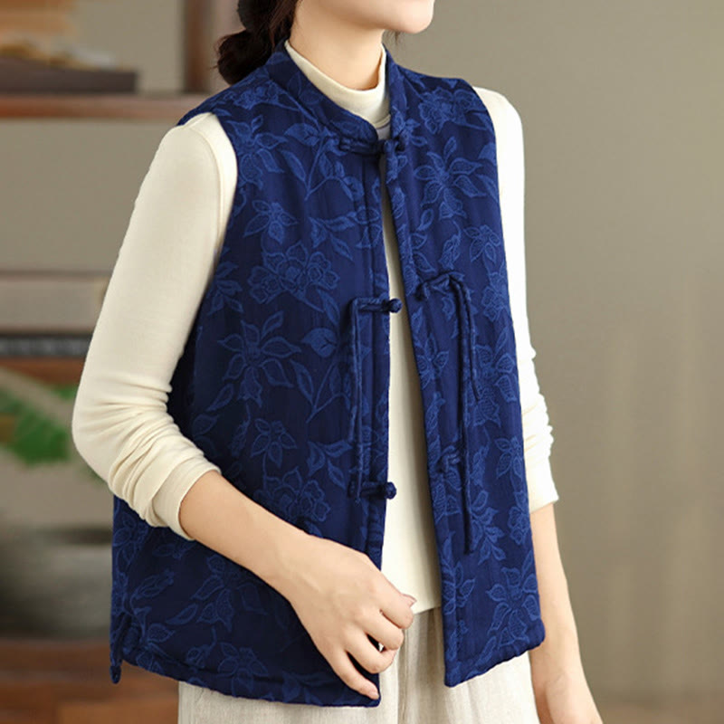 Gilet sans manches en coton avec poches et motif jacquard de Buddha Stones pour femme, boutons grenouille - image 1