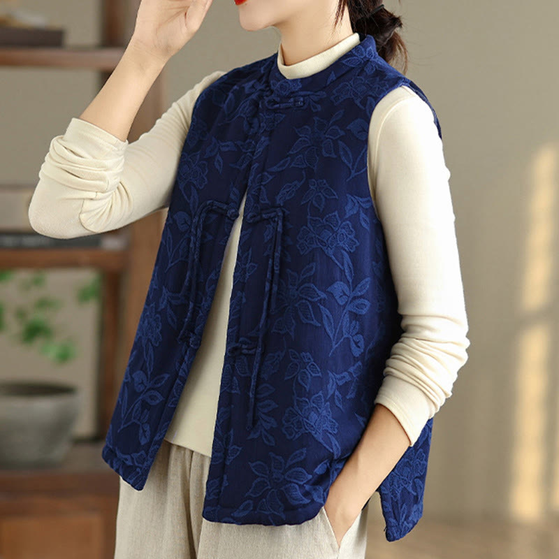 Gilet sans manches en coton avec poches et motif jacquard de Buddha Stones pour femme, boutons grenouille - image 4