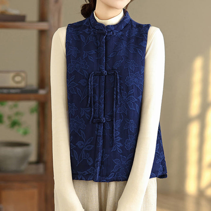 Gilet sans manches en coton avec poches et motif jacquard de Buddha Stones pour femme, boutons grenouille - image 3