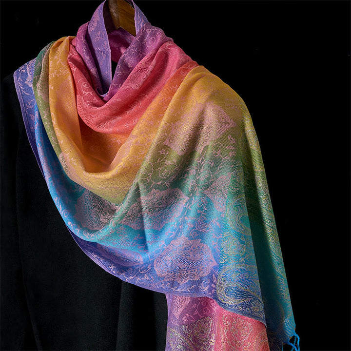 Écharpe châle douillette à pompons avec motif de fleurs de cajou et dégradé coloré de Buddha Stones Spring - Chiffon au citron - 180 cm - image 0