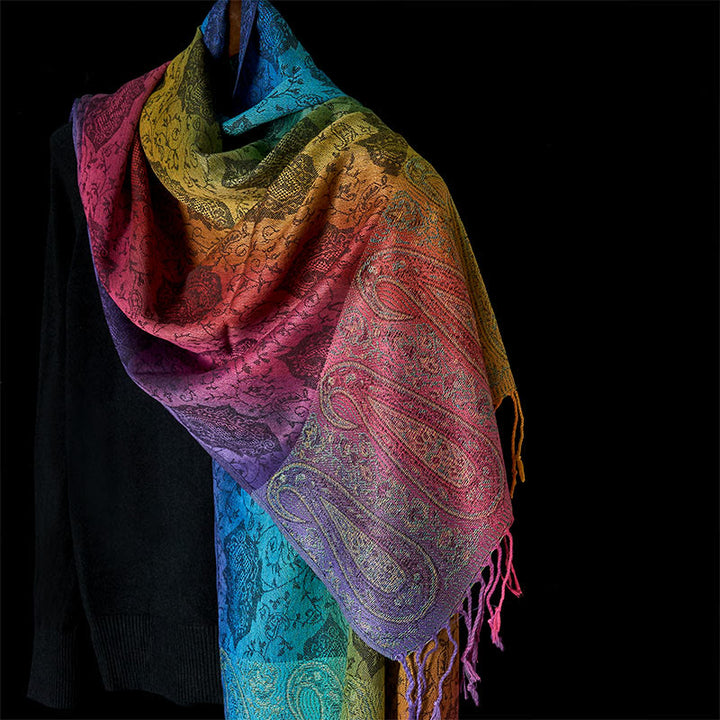 Écharpe châle douillette à pompons avec motif de fleurs de cajou et dégradé coloré de Buddha Stones Spring - Bleu ardoise - 180 cm - image 10