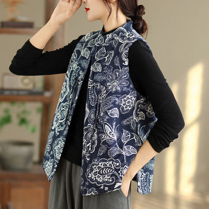 Gilet sans manches en coton avec poches pour femme, motif végétal Buddha Stones, boutons grenouille - image 3