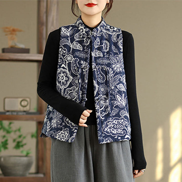Gilet sans manches en coton avec poches pour femme, motif végétal Buddha Stones, boutons grenouille - image 1